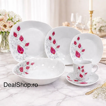 Serviciu de masă din porțelan „Lalea Imperială” 31 piese pentru 6 persoane – Set Farfurii, Bol și Cești Cafea 180 ml TL 173-9