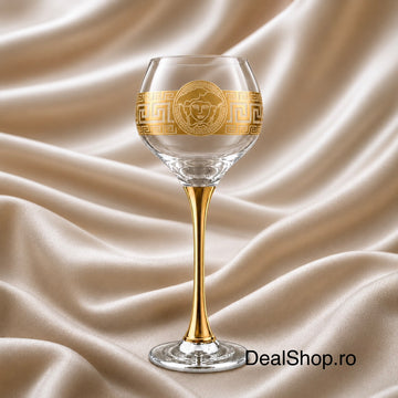 Set 6 pahare din sticlă 285 ml Royalty Home cu decor auriu și picior auriu – pahare elegante pentru vin roșu și alb