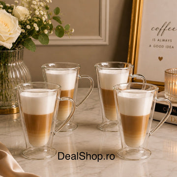 Set 4 cani din sticlă cu pereți dubli 400 ml, termorezistentă pentru cafea latte cappuccino și ceai 310400