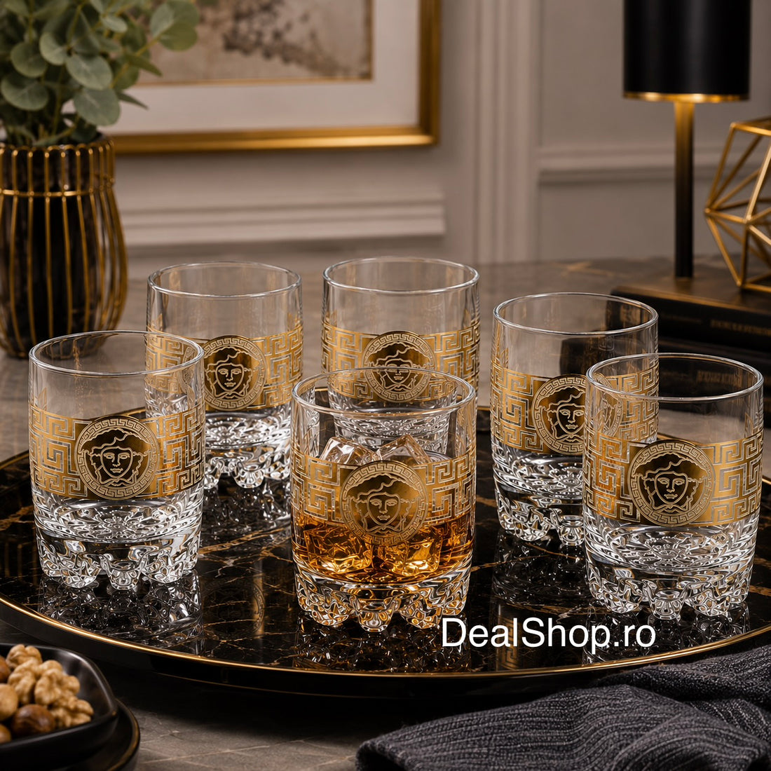 Set 6 pahare din sticlă Royalty Home 200 ml, decor auriu, design elegant