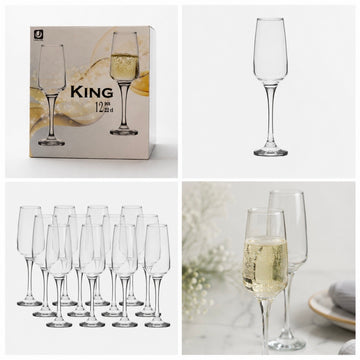 Set 12 pahare pentru șampanie King 220 ml, din sticlă transparentă, elegante, pentru evenimente și servire băuturi spumante