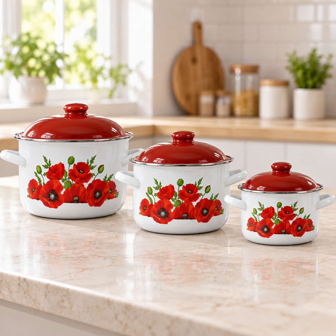 Set 3 Oale Emailate Arian cu Capace – 3.8 litri 4.8 litri 6.2 litri – Model Maci