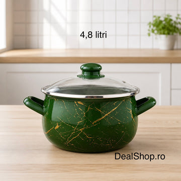 Cratiță emailată Green, 4,8 L, 22 cm, cu capac din sticlă, inducție