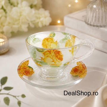Set 6 cești cu 6 farfurioare din sticlă Galaxy Floral, 200 ml – set elegant pentru cafea și ceai