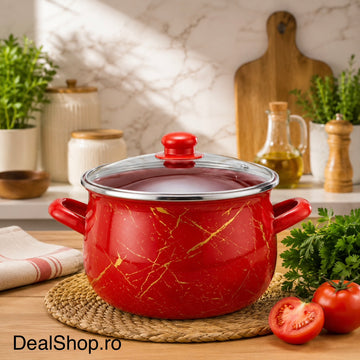 Cratiță emailată Red Marble cu capac din sticlă, 6,2 L, 24 cm inducție