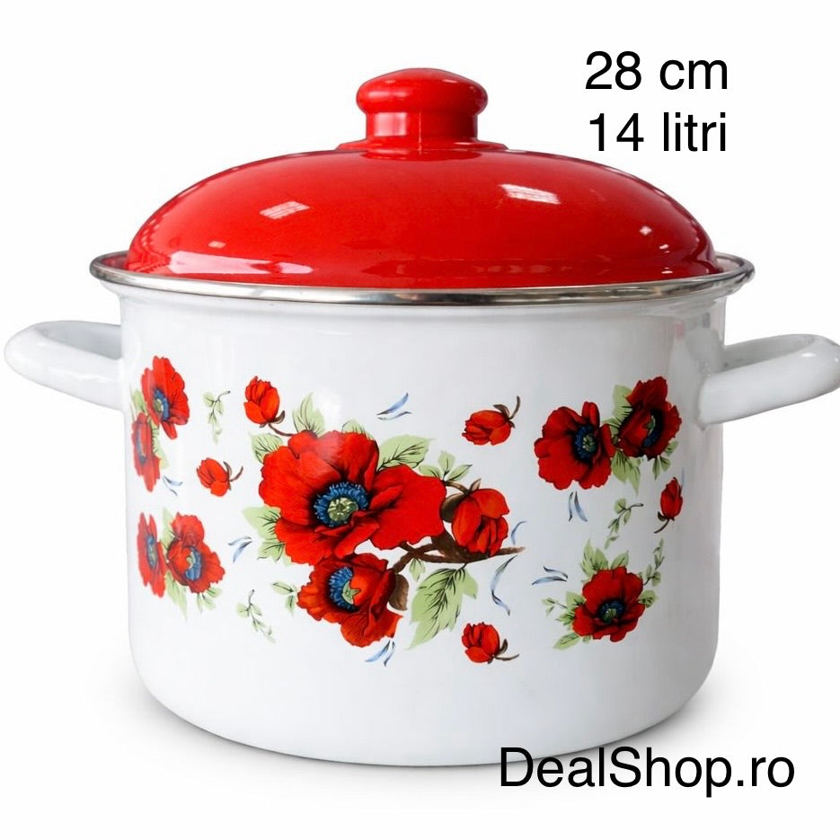 Oală Emailată Foarte Mare cu Capac 28 cm, 14L, Model Maci Roșii – Oală Emailată pentru Sarmale, Ciorbe și Gătit în Cantități Mari