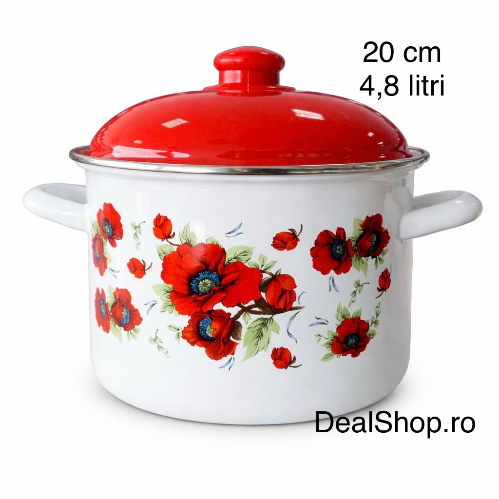 Oală Emailată cu Capac 20 cm, 4.8L, Model Maci Roșii – Oală Mare pentru Gătit, Design Floral, Emailată Interior-Exterior