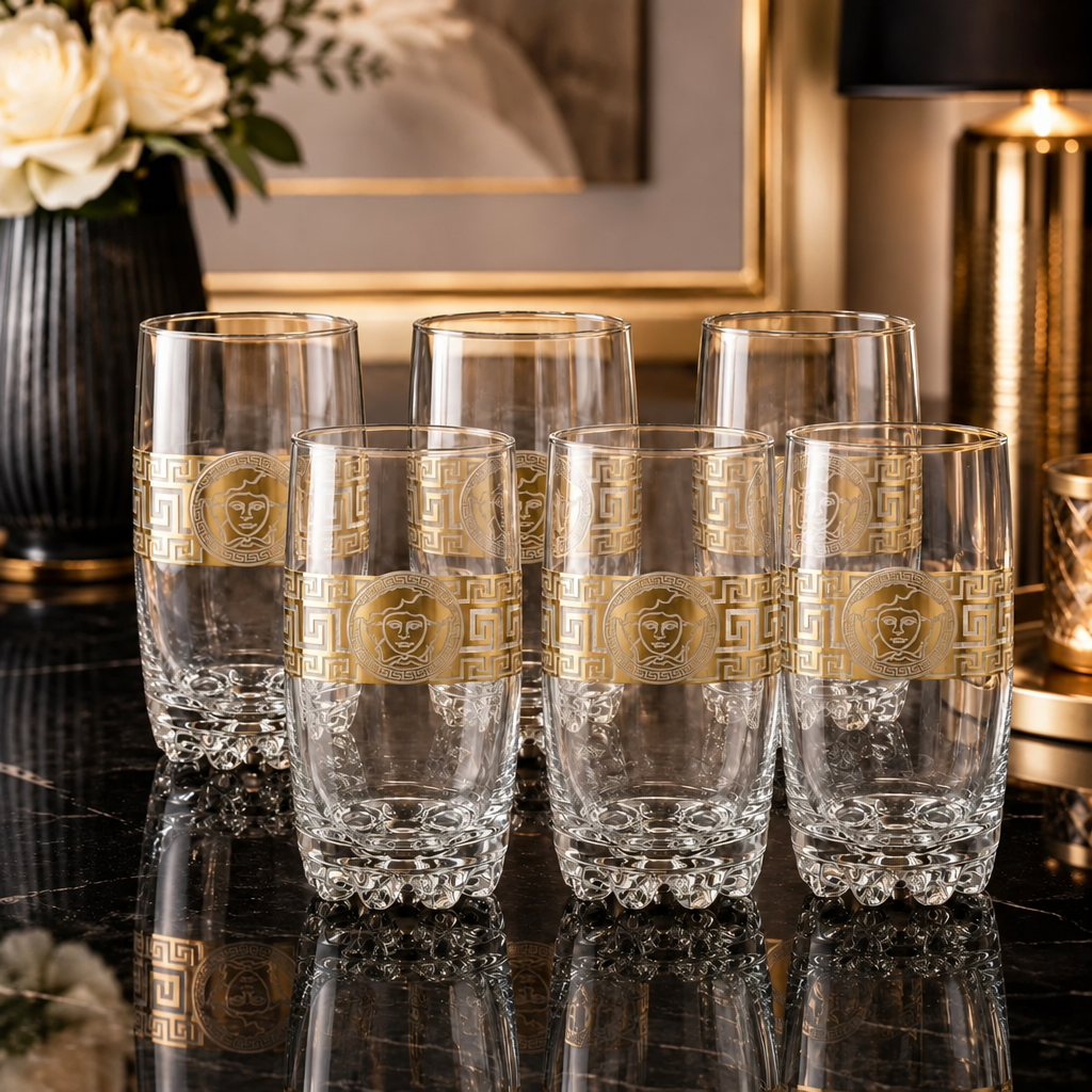 Set 6 pahare din sticla Royalty Home 385 ml model elegant cu decor auriu