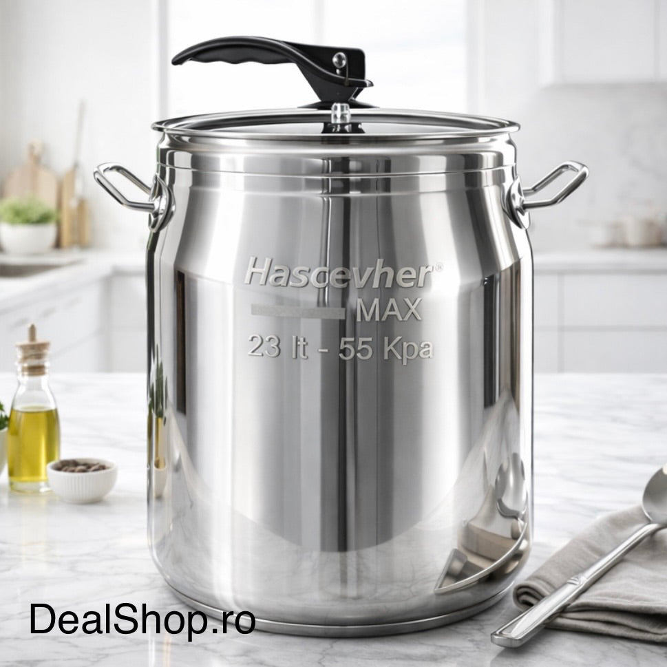Oala sub presiune Hascevher Gastro 23 Litri, Inox 18/10, 55 Kpa Inducție & Aragaz Capac Sistem Siguranță