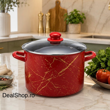 Oală emailată 10 L cu capac din sticlă, model Red Marble, 26 cm, roșie, pentru toate tipurile de plite