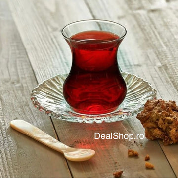 Set 6 pahare ceai turcesc Aurora 155 ml + 6 farfurii model cristal, Paşabahçe