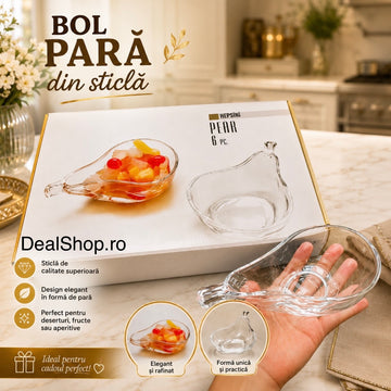 Set de 6 boluri din sticla in forma de para 15 x 9 x 4,5 cm eleganta si originalitate pentru masa ta