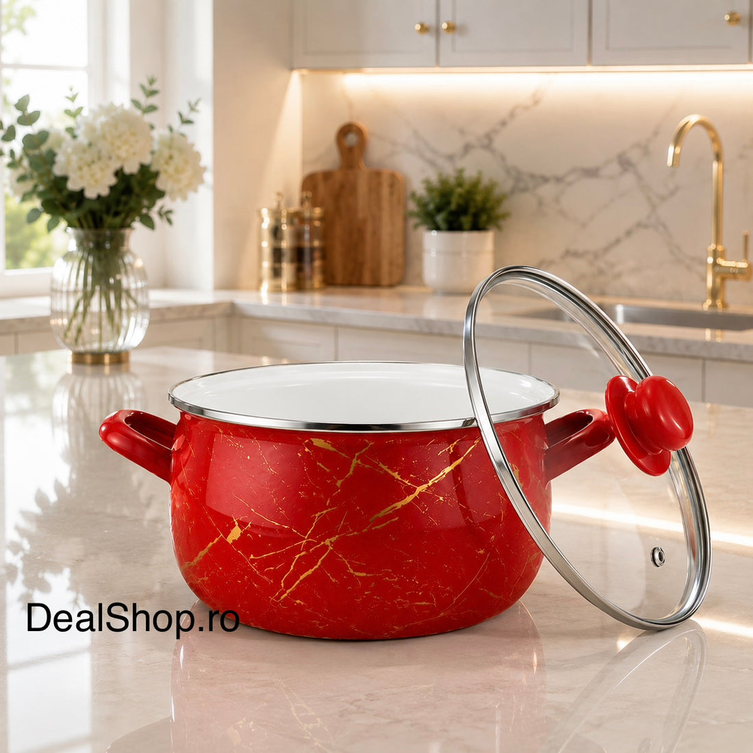 Cratiță emailată Red Marble cu capac din sticlă, 4,8 L, 22 cm inducție