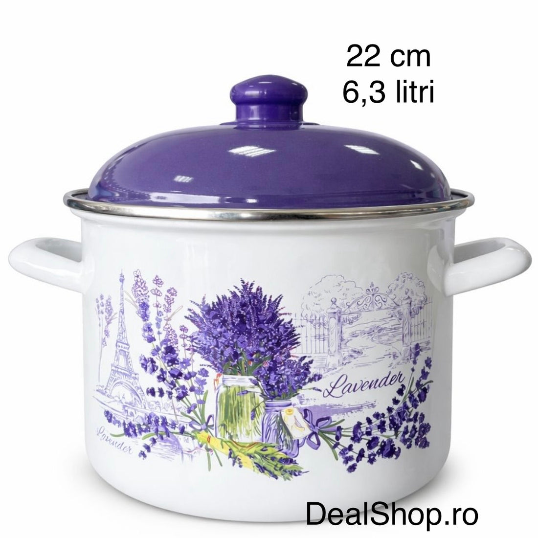 Oală Emailată 22 cm, 6,3 Litri cu Capac – Model Lavandă Mov – Oală Înaltă pentru Supă Ciorbă