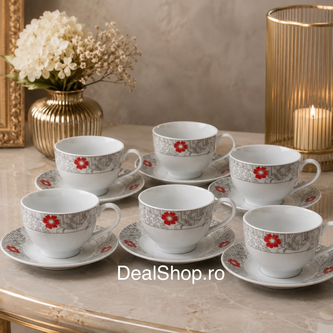 Set 6 cești cu 6 farfurioare din porțelan 200 ml, model floral gri roșu Scarlet Elegance
