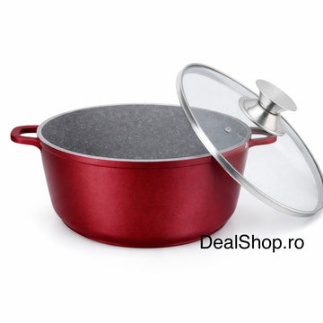 Cratiță aluminiu turnat 44 cm cu capac sticlă, 23.5L, înveliș marmură , Inducție, Roșie – SWAN