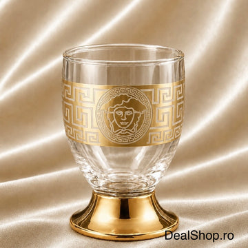 Set 6 pahare din sticlă 195 ml Royalty Home cu decor auriu – pahare elegante pentru apă, whisky, suc sau băuturi fine