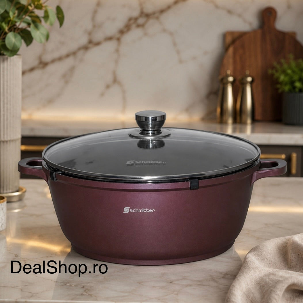 Cratiță ceramică Schmitter 25 litri, 44 cm, cu capac din sticlă, aluminiu turnat, compatibilă cu toate sursele de căldură – Burgundy Chef