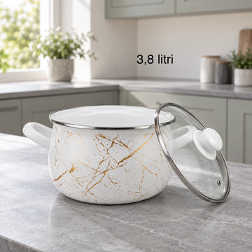 Cratiță emailată Ivory, 3,8 L, 20 cm, cu capac din sticlă