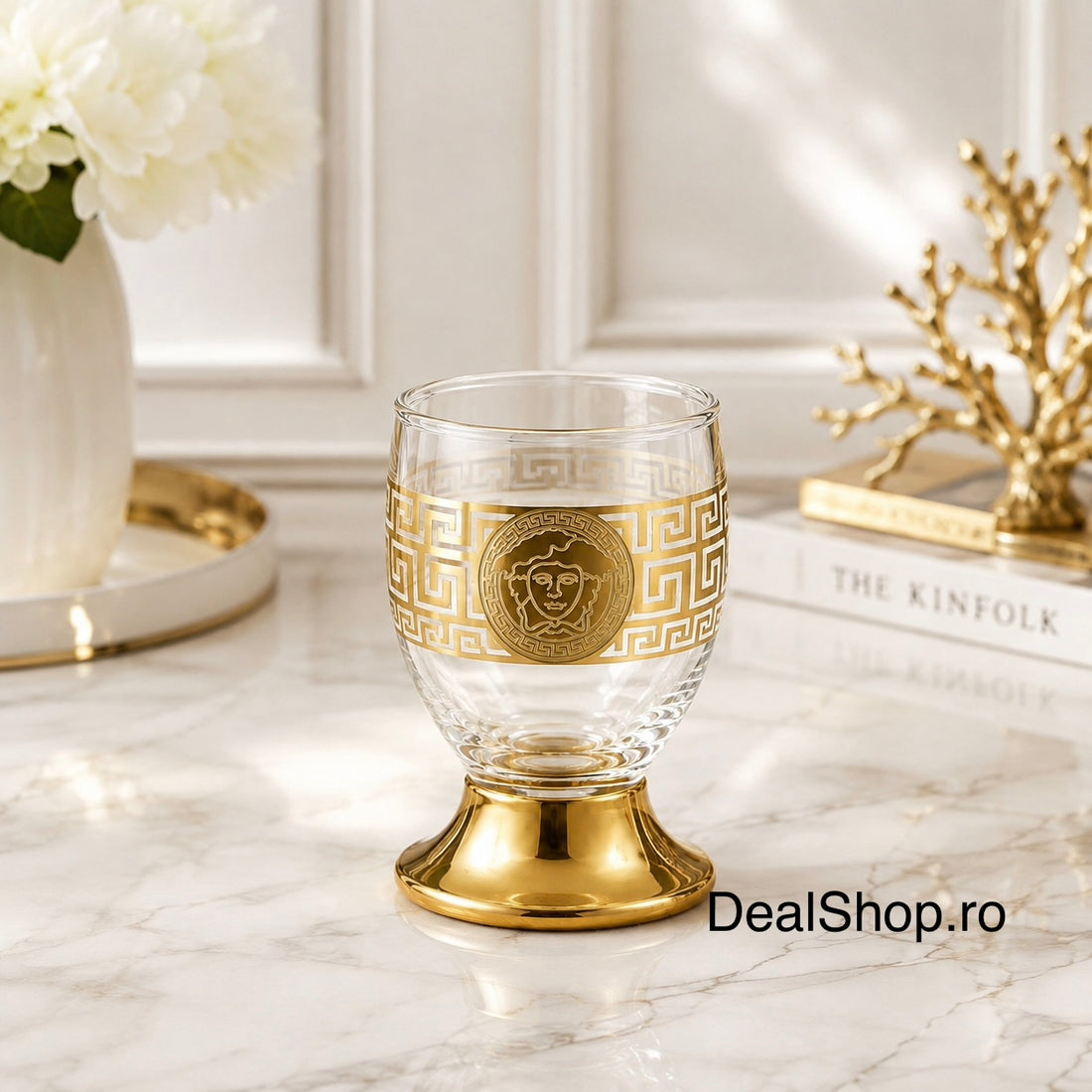 Set 6 pahare din sticlă 195 ml Royalty Home cu decor auriu – pahare elegante pentru apă, whisky, suc sau băuturi fine