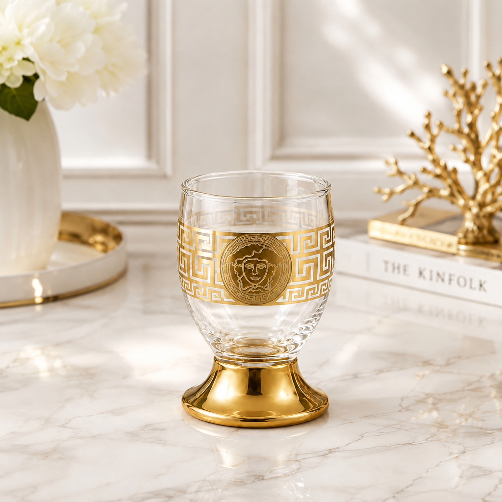 Set 6 pahare din sticlă 195 ml Royalty Home cu decor auriu – pahare elegante pentru apă, whisky, suc sau băuturi fine