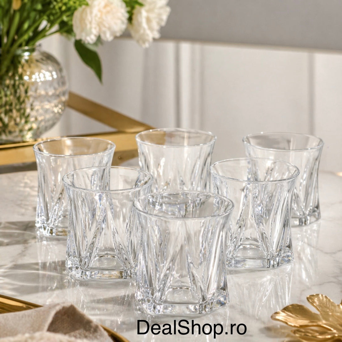 Set 6 pahare sticlă 300 ml, Zoe357, model geometric cu bază groasă, pahare whisky  apă elegante