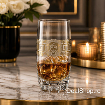 Set 6 pahare din sticlă Royalty Home 385 ml, model elegant cu decor auriu