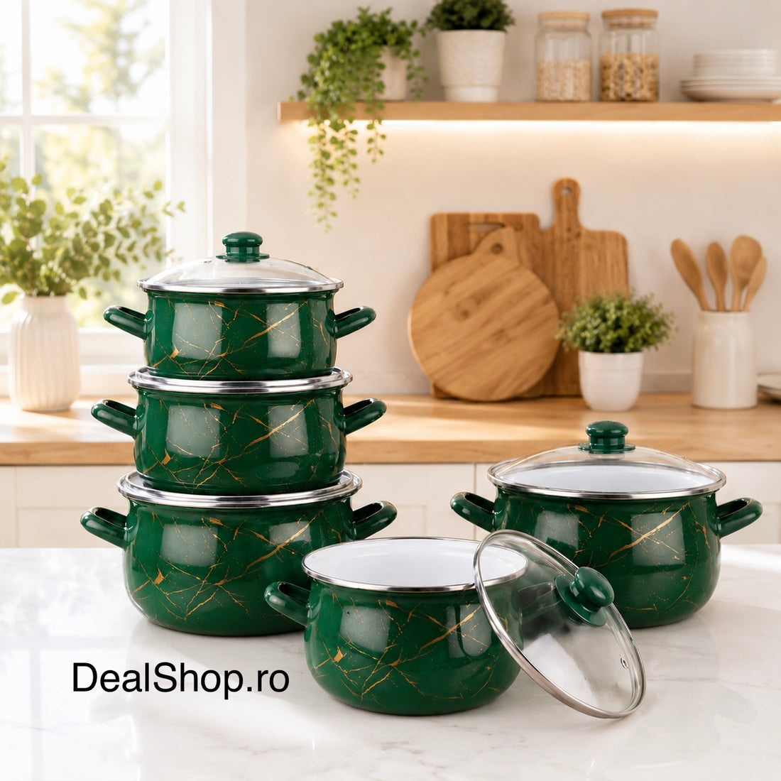 Set 5 cratițe emailate Green Marble cu capace din sticlă, 10 piese, compatibile cu inducție, 2.1L, 2.8L, 3.8L, 4.8L și 6.2L