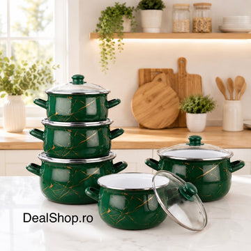 Set 5 cratițe emailate Green Marble cu capace din sticlă 10 piese, compatibile cu inducție 2.1L, 2.8L, 3.8L, 4.8L și 6.2L