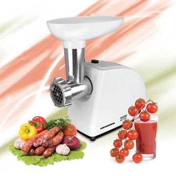 Masina de tocat Heinner MG-W1200R, 1360W, 1.5 kg/min, accesoriu rosii, accesoriu carnati, cutit inox, 3 site taiere, alb