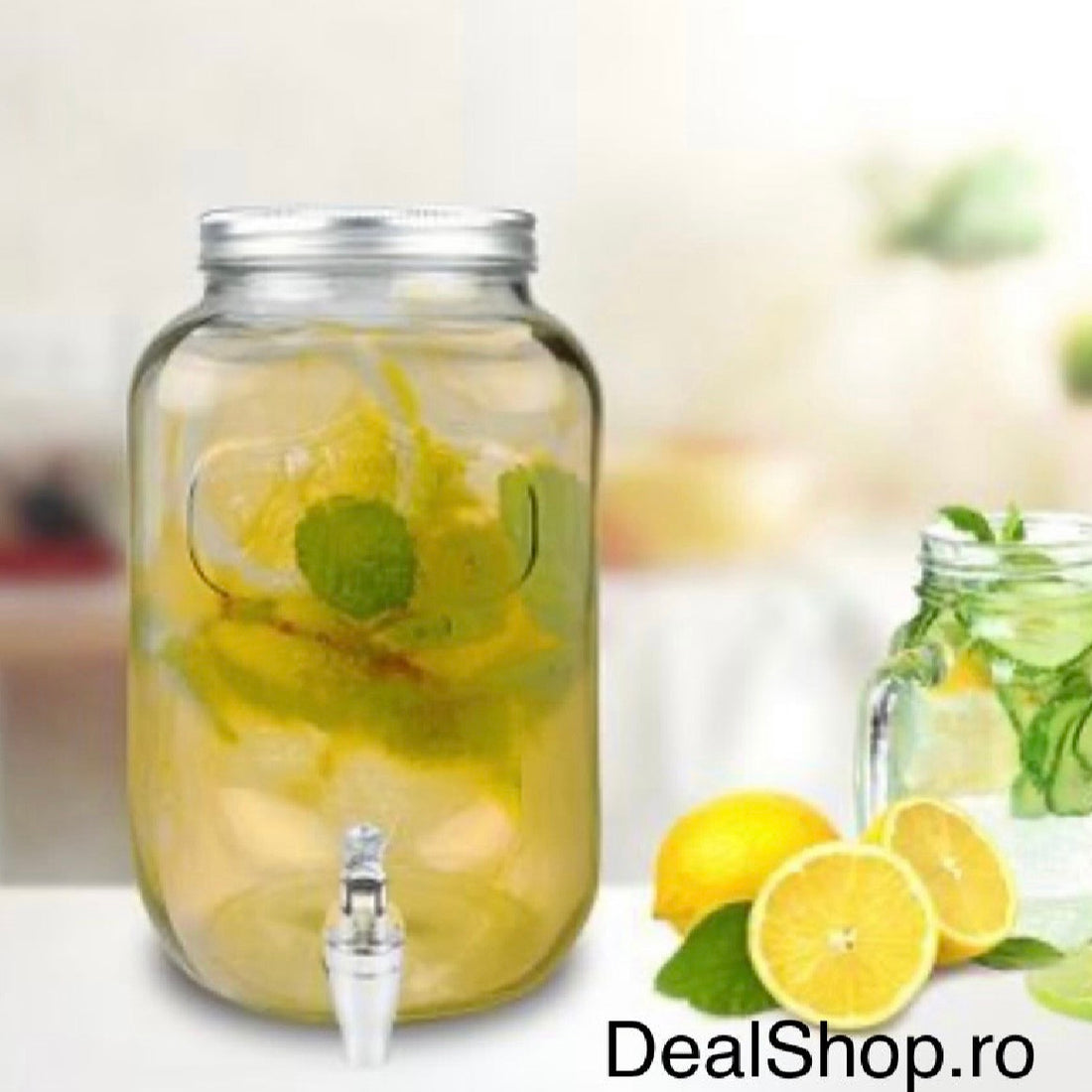 Borcan dozator 8 litri bauturi limonada suc cu robinet și capac sticla transparenta terasa piscina evenimente