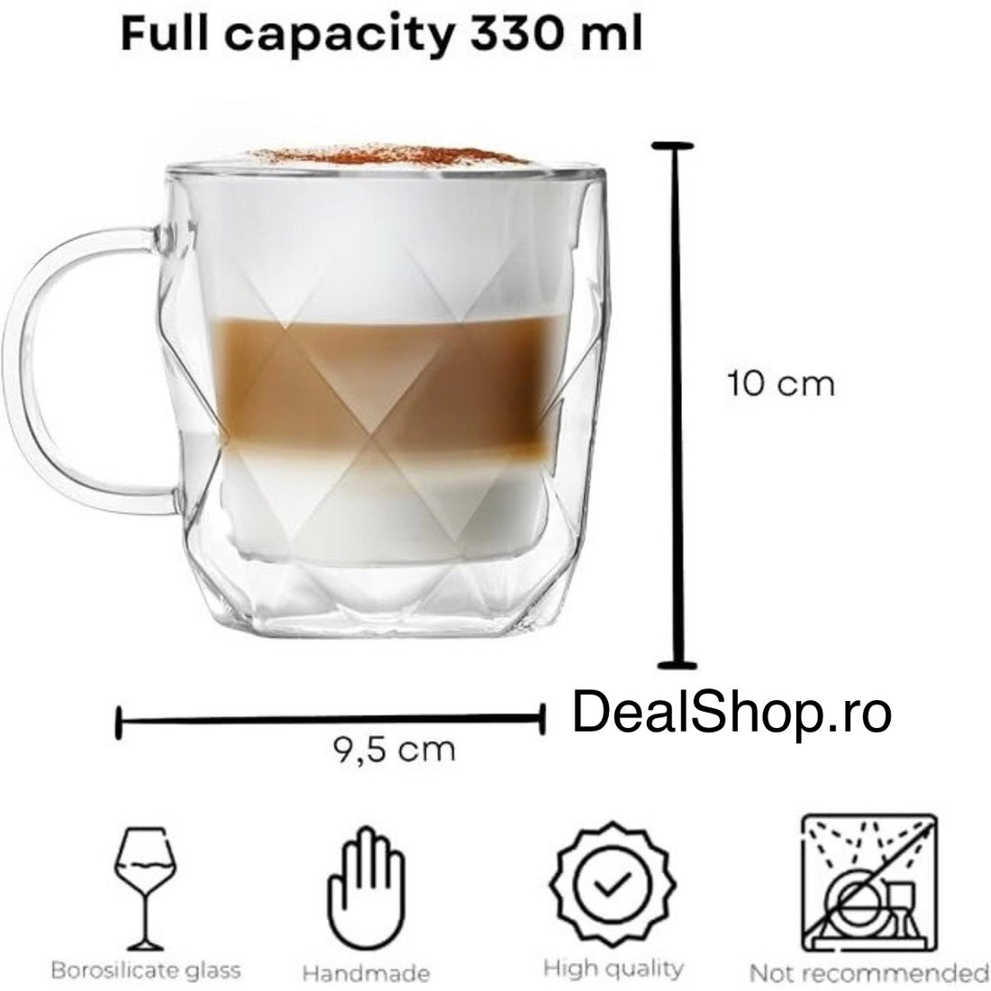 Set 2 căni din sticlă cu pereți dubli termorezistente 330 ml, model hexagonal elegant căni pentru cafea, ceai și cappuccino HR410330