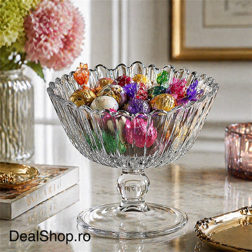 Bombonieră cu picior Pasabahce Aurora 14 cm din sticlă, bol pentru dulciuri, fructe și desert design elegant striat