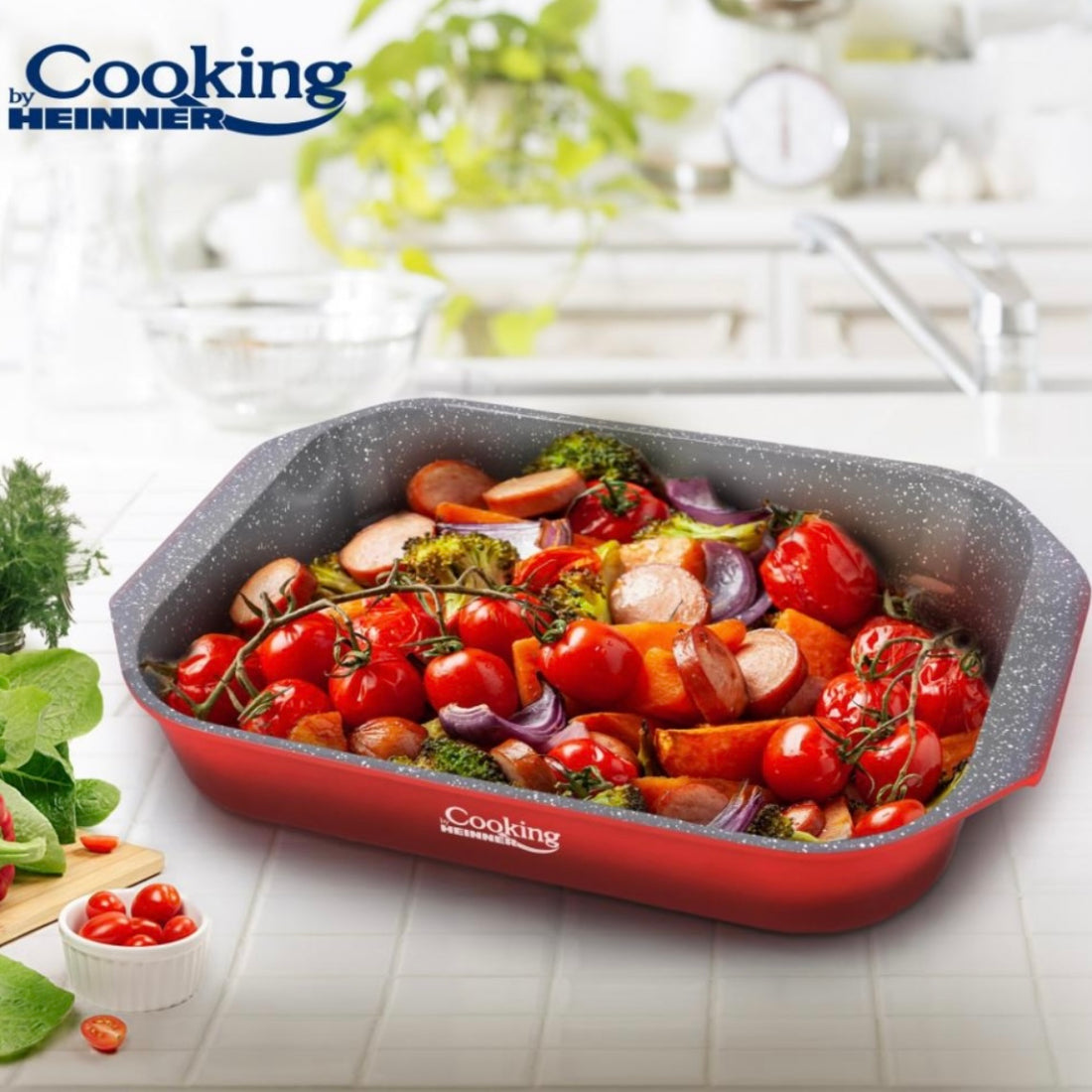 Tava Cooking by Heinner Red Line, 39.5 x 26 cm din aluminiu turnat cu acoperire ceramică gri – rezistentă, elegantă și ideală pentru gătit sănătos