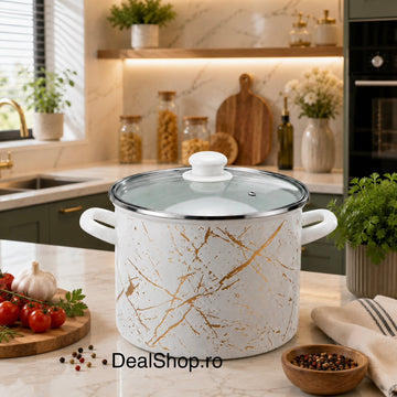 Oală emailată Ivory 6,3 L cu capac din sticlă, 22 cm, alb cu model auriu, compatibilă cu toate sursele de căldură