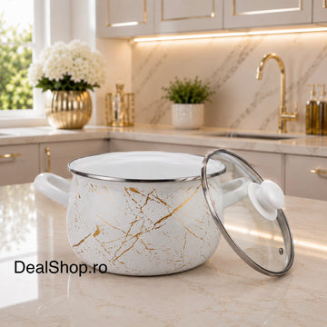 Cratiță emailată Ivory Marble cu capac din sticlă, 4,8 L, 22 cm, inducție