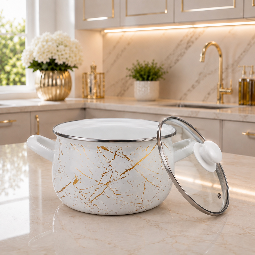 Cratiță emailată Ivory Marble cu capac din sticlă, 4,8 L, 22 cm, inducție