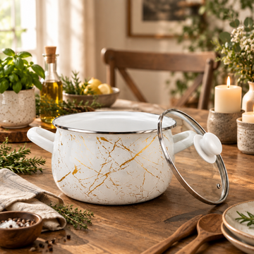 Cratiță emailată Ivory Marble cu capac din sticlă, 4,8 L, 22 cm, inducție