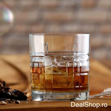 Set 6 pahare whisky sticlă 325 ml Brit 430, design cu relief geometric , pahare băuturi elegante, rezistente