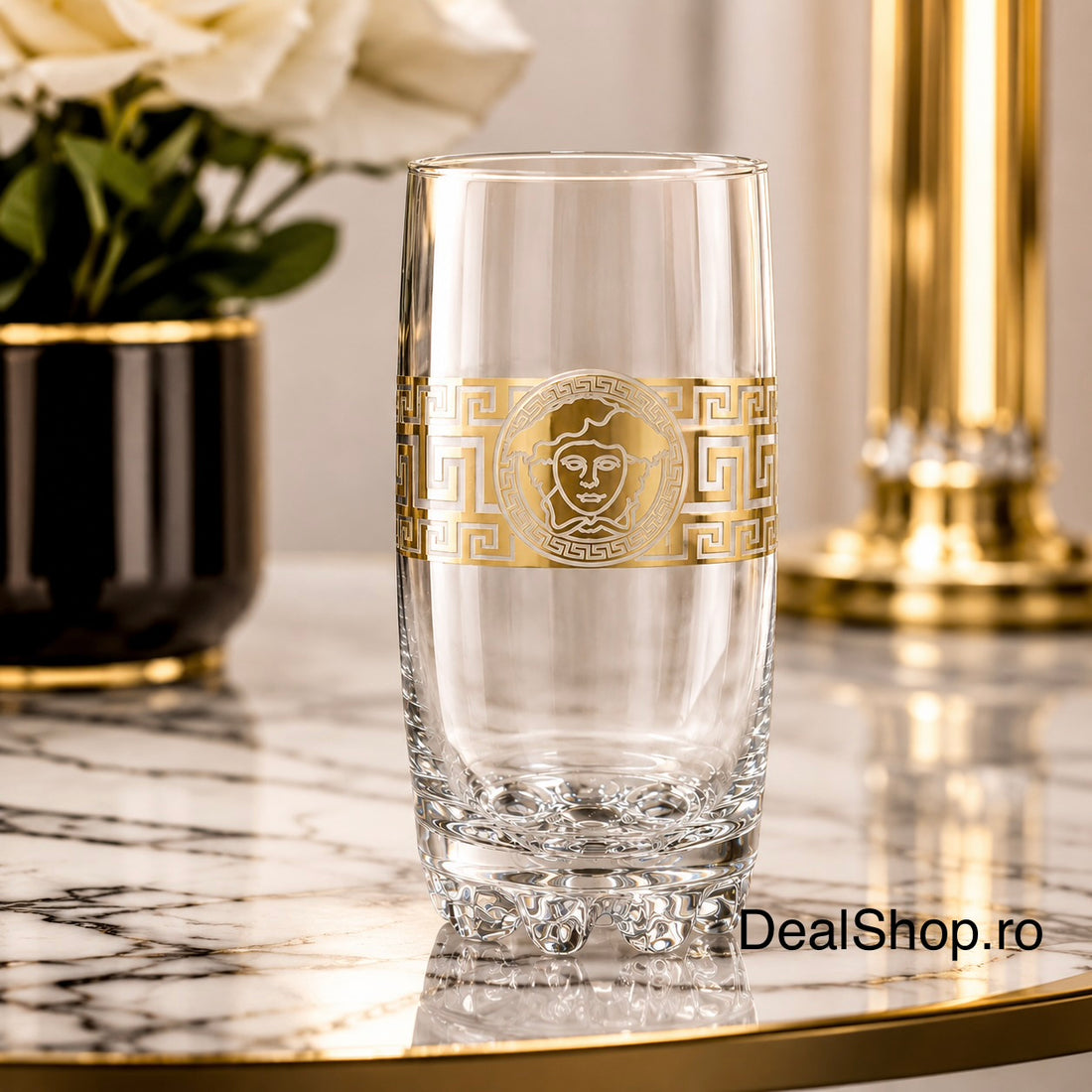 Set 6 pahare din sticlă Royalty Home 385 ml, model elegant cu decor auriu