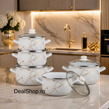 Set 5 oale emailate Ivory cu capace din sticlă, 10 piese, compatibil inducție, 2.1 L, 2.8 L, 3.8 L, 4.8 L și 6.2 L