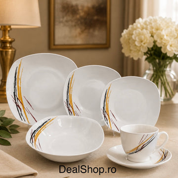 Serviciu de Masă din Porțelan 31 Piese pentru 6 Persoane cu Cești Cafea, Model Abstract Elegance TL 173-6
