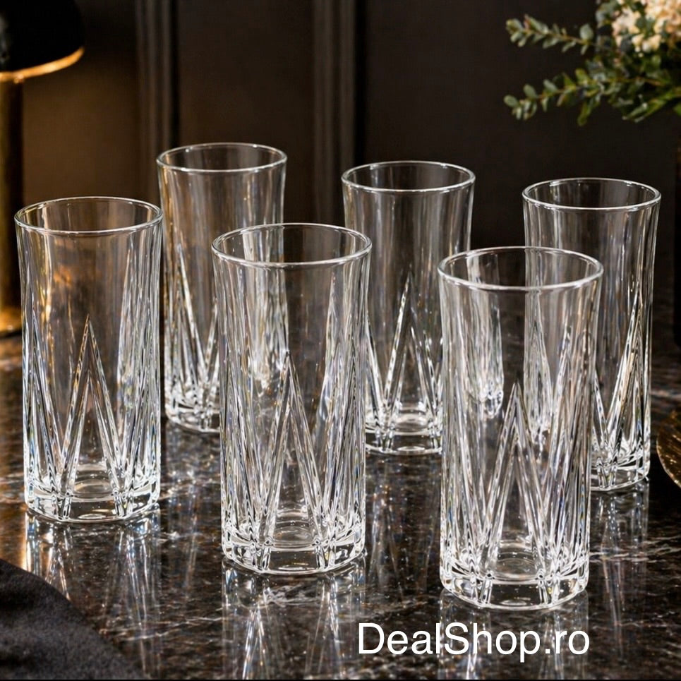 Set 6 pahare înalte sticlă 370 ml Zoe377, pahare apă / suc, design elegant cu model geometric sticlă rezistentă