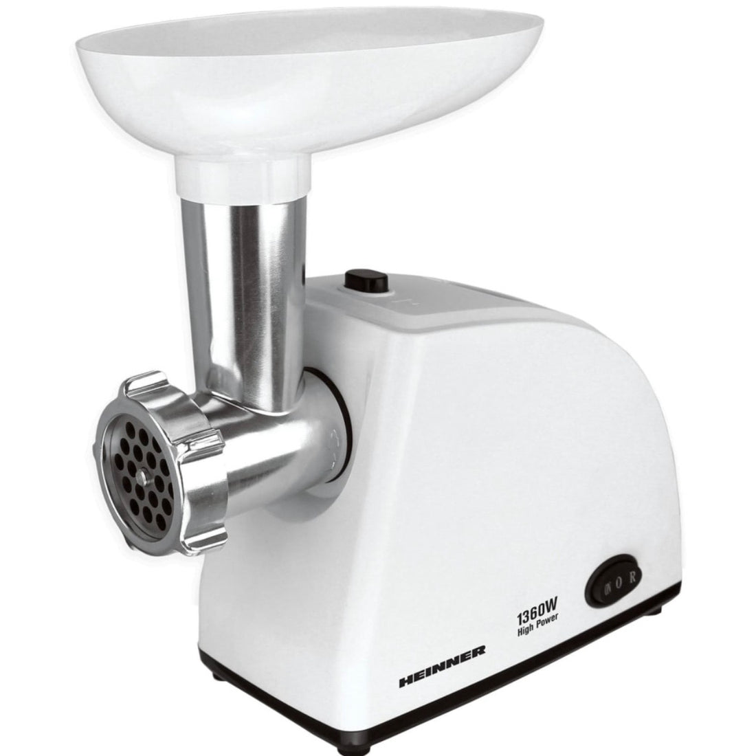 Masina de tocat Heinner MG-W1200R, 1360W, 1.5 kg/min, accesoriu rosii, accesoriu carnati, cutit inox, 3 site taiere, alb