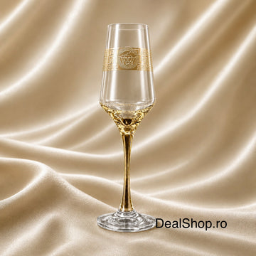Set cu sticlă și 6 pahare pentru șampanie și Prosecco 240 ml Royalty Home cu decor auriu – set elegant din sticlă