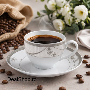 Set 6 cești cu 6 farfurioare din porțelan 200 ml, model floral gri Silver Velvet
