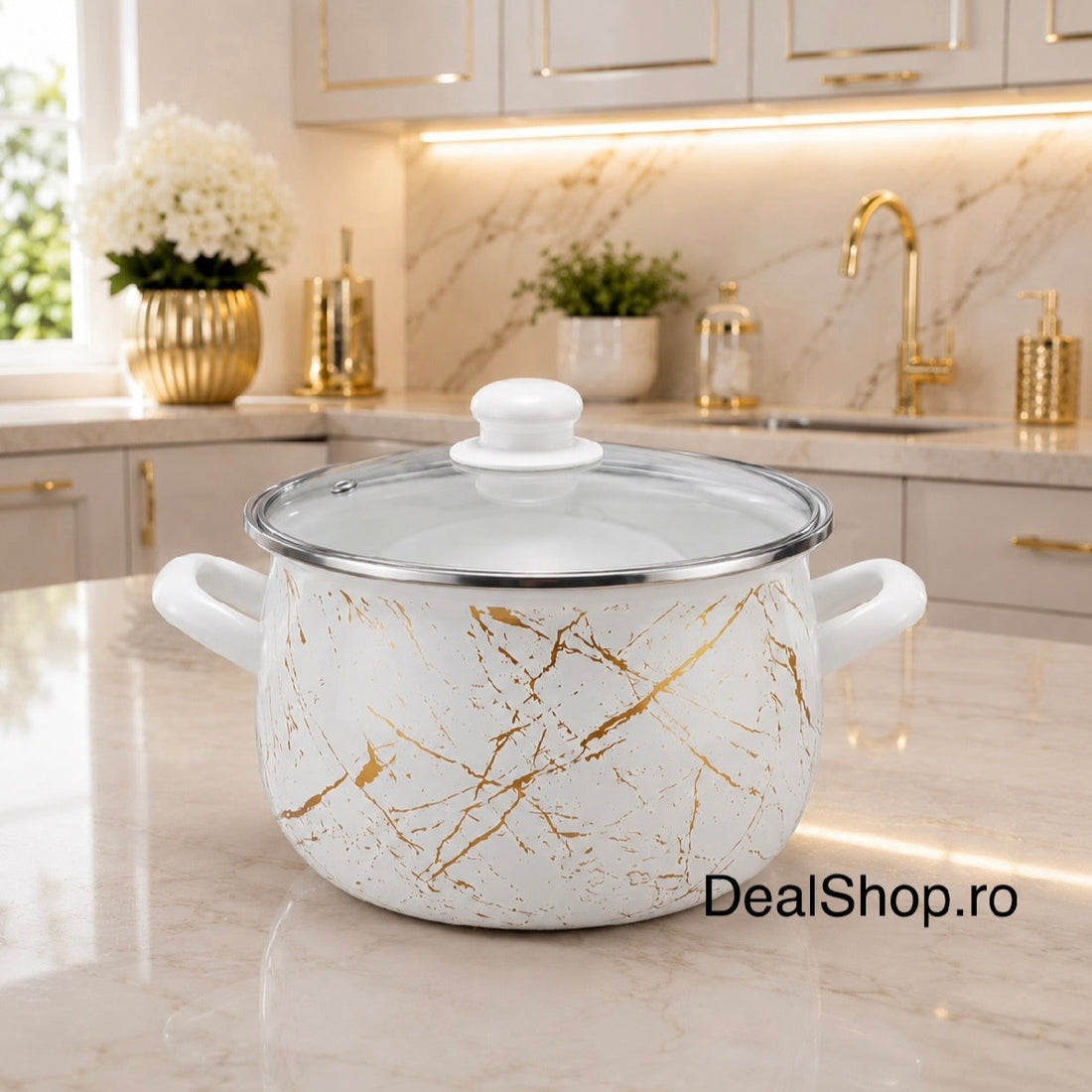 Cratiță emailată Ivory, 6,2 L, Ø24 cm, cu capac din sticlă