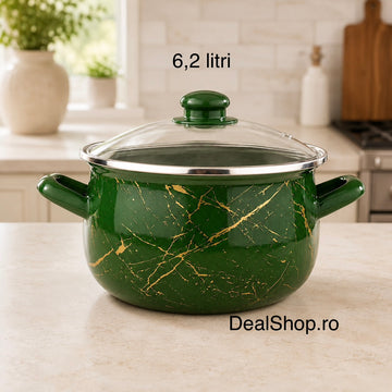 Cratiță emailată Green cu capac din sticlă, 6,2 litri, 24 cm
