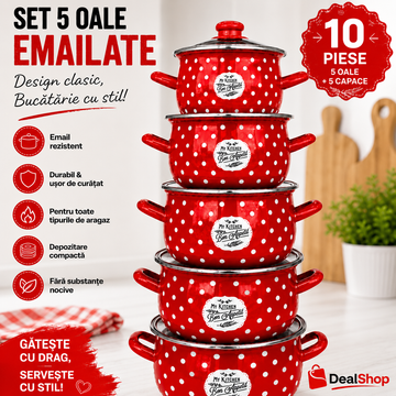 Set 5 oale emailate cu capac din sticla, cantitate 2 l, 2,8 l, 3,8 l, 4,8 l, 6,2 l, Bon Apetit