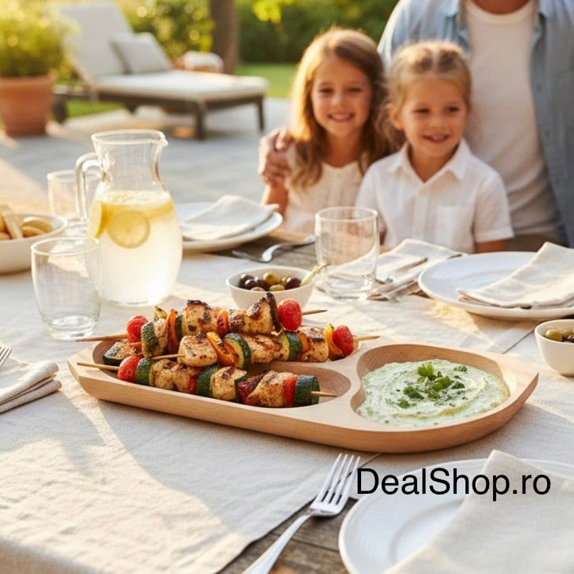 Platou din lemn compartimentat pentru servire 43 x 22,5 cm – tavă aperitive 3 compartimente, lemn natural, snack & gustări